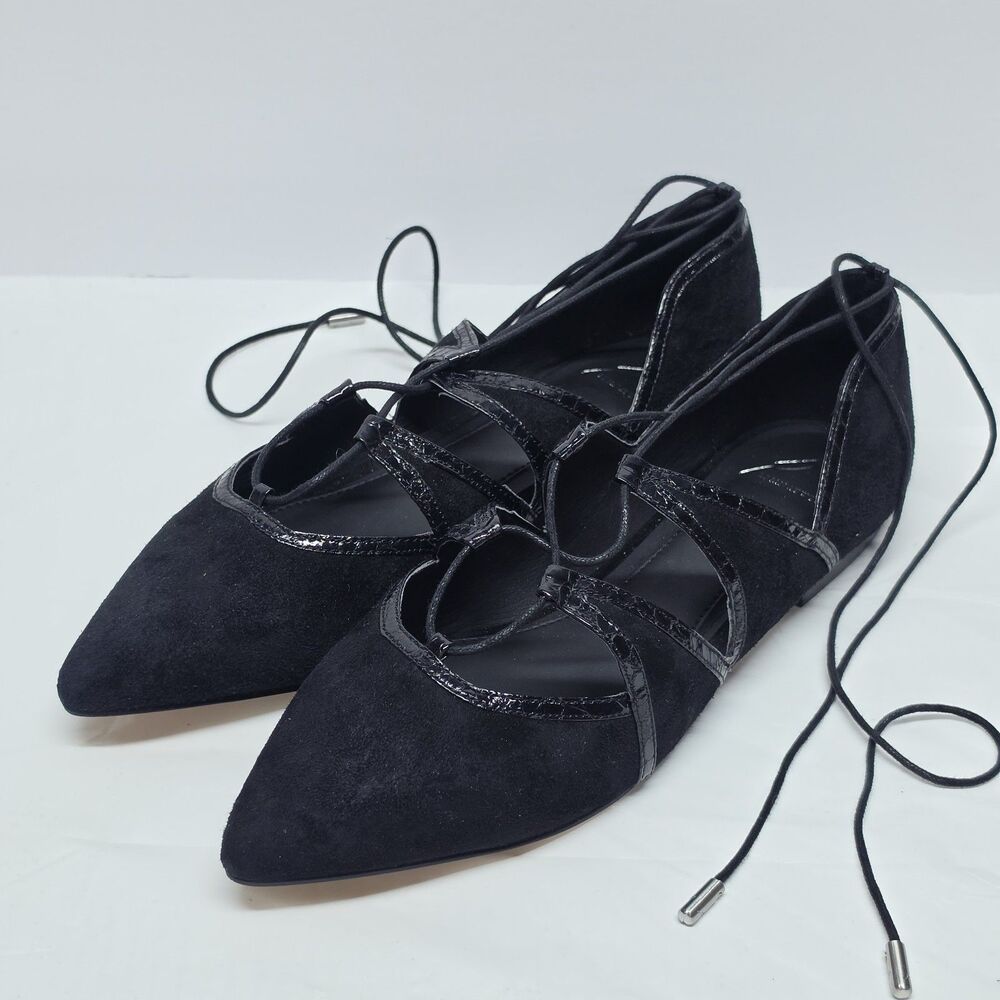 Brian Atwood Sanaa Black Suede Leather Lace-Up Pointed Toe Ballet Flats Size 9